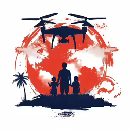 an orange and blue illustration depicting a man holding a child while he is standing next to an airplane