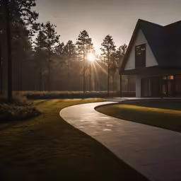 a pathway through a lawn to an elegant residence