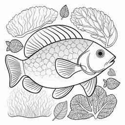 the fish is surrounded by seaweed and a leaf