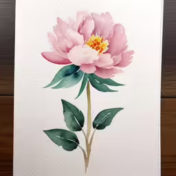 watercolor painting of a flower with leaves on white paper,a pink flower with green leaves on the end