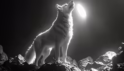 a wolf howling on a rock with a full moon in the background