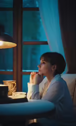 the woman is drinking coffee on the dining table