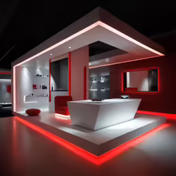 an extravagant modern bathroom with a red neon lighting