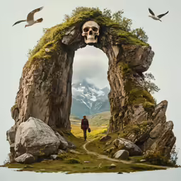 an open archway with a man with a skull head in the middle