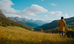 a man standing in the middle of the mountains looking towards the valley