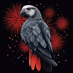 a parrot sits on top of fireworks on black
