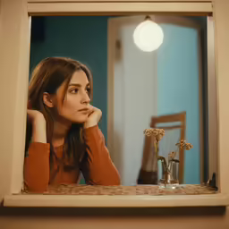 a woman in a brown sweater looks off into the distance