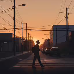 the person walking down the street in the city during sunset