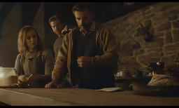 a group of people standing in front of a wooden table
