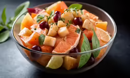 a bowl filled with sliced fruit and herbs