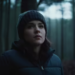 a woman stands in a dark forest looking at the camera