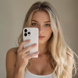 woman holding her white cellphone up to her face