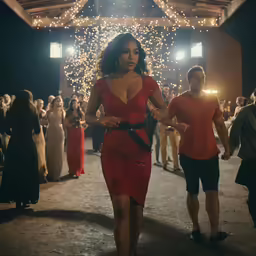 a woman is walking with people in a barn