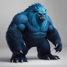 an enormous, blue gorilla is posed on a gray background