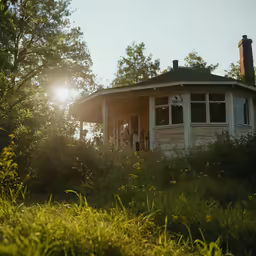 a small wooden house on stilts with the sun peeking through trees