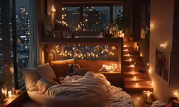 an image of a room setting at night with lights