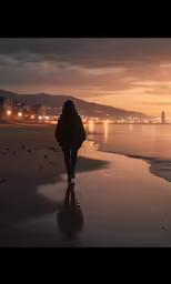 a woman walking on a beach by the water