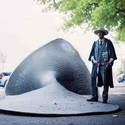 a man wearing a suit and hat standing in front of a piece of art