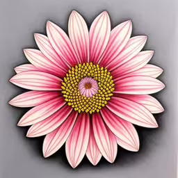 a large flower in pink and yellow on a grey background,a white and pink flower on a gray surface