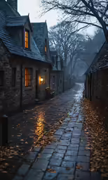 a city street with old buildings on a rainy day