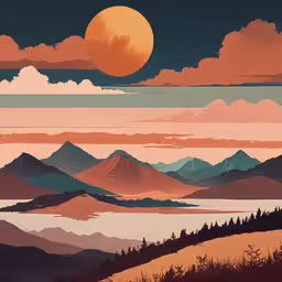 a painting of the night sky with a few clouds and the sun,the sun rises over a mountainside range at night