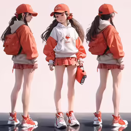 three girls in red and white outfits standing with orange purses