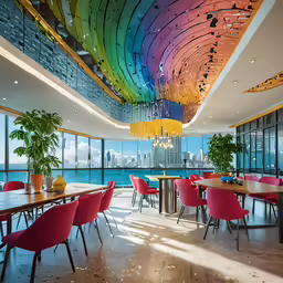 this restaurant is colorfully decorated and with colorful walls