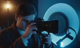 man filming himself in front of a blue light