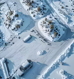 four vehicles parked in an intersection in the snow