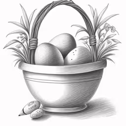 a basket of eggs and a toothbrush in pencil,a drawing of some eggs in a basket
