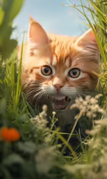 a cat is smiling and looking into the camera