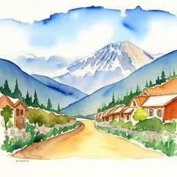 /tmp/FOOT7VQik.jpg = an artist has painted this picture of the road in front of some houses
,/tmp/FOOT7VQik.jpg = a watercolor drawing of houses on a mountain road
,/tmp/FOOT7VQik.jpg = a watercolor drawing of the snow covered mountain range
,/tmp/FOOT7VQik.jpg = a painting of houses in a mountain valley
,/tmp/FOOT7VQik.jpg = an image of a painting of some hills and homes
,/tmp/FOOT7VQik.jpg = a watercolor painting of a town in the mountains
,/tmp/FOOT7VQik.jpg = there is an image of a mountain that can be seen in the paintings
