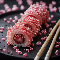 two chopsticks resting on an uncooked pork sushi roll