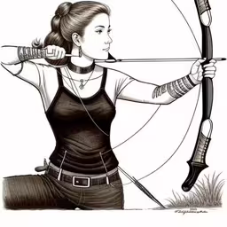 a woman is holding her bow and arrow in front of a drawing,an illustrated illustration of a woman shooting with an arrow,a woman in black dress aiming a bow with an arrow,a black and white drawing of a woman holding up a bow and arrow,a woman is aiming her bow and arrow with an arrow in the air