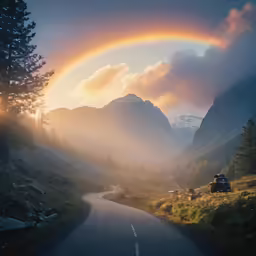 a rainbow arches above mountains and a road