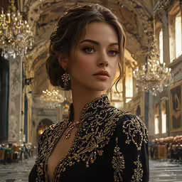 a model in a black gown with a chandelier in the background