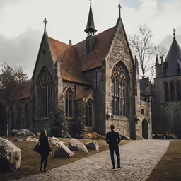 people walk past a large old church with many windows