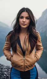 a woman posing for a photo in a brown jacket