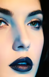 a woman with eye makeup on looking at the camera