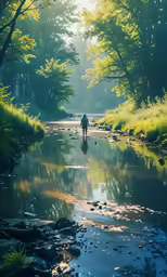 a man walks into the distance on an empty path near a river