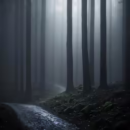 the sun shines through an foggy forest and over a stone path