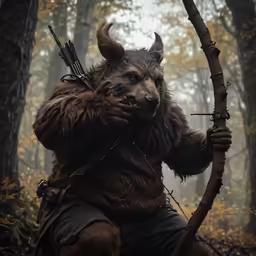 an evil bear holding up a bow while standing in a forest