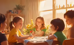 three young girls sitting at a wooden table with a flower vase