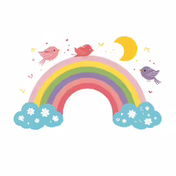 a rainbow, birds and clouds with a white background