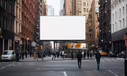 people walk down the street while a billboard is displayed in the middle of a crowded city