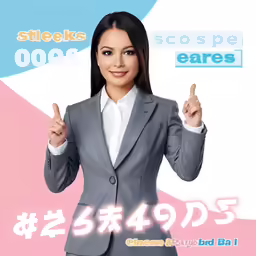 an asian woman in a business suit pointing with her fingers up