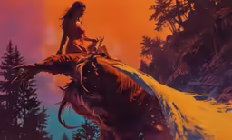 a girl on a brown horse is flying in the sky