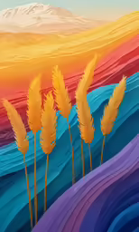 a painting shows yellow feathers on the side of a hill