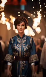 a woman with a long hair standing in a room