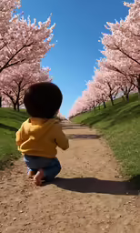 a young child sitting on the ground in front of flowers